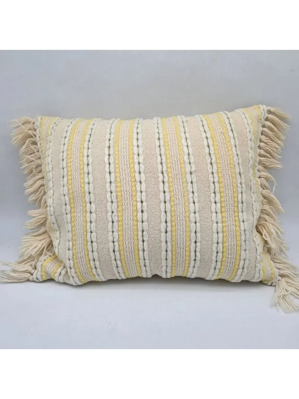 MCM Yellow & Cream Striped Woven Throw Pillow Fringe Accents 20
